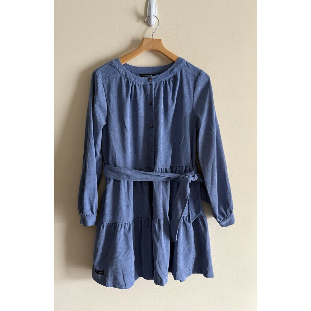 Simply Southern Size L Blue Corduroy Belted‎ Button Down Dress Boho Country Girl